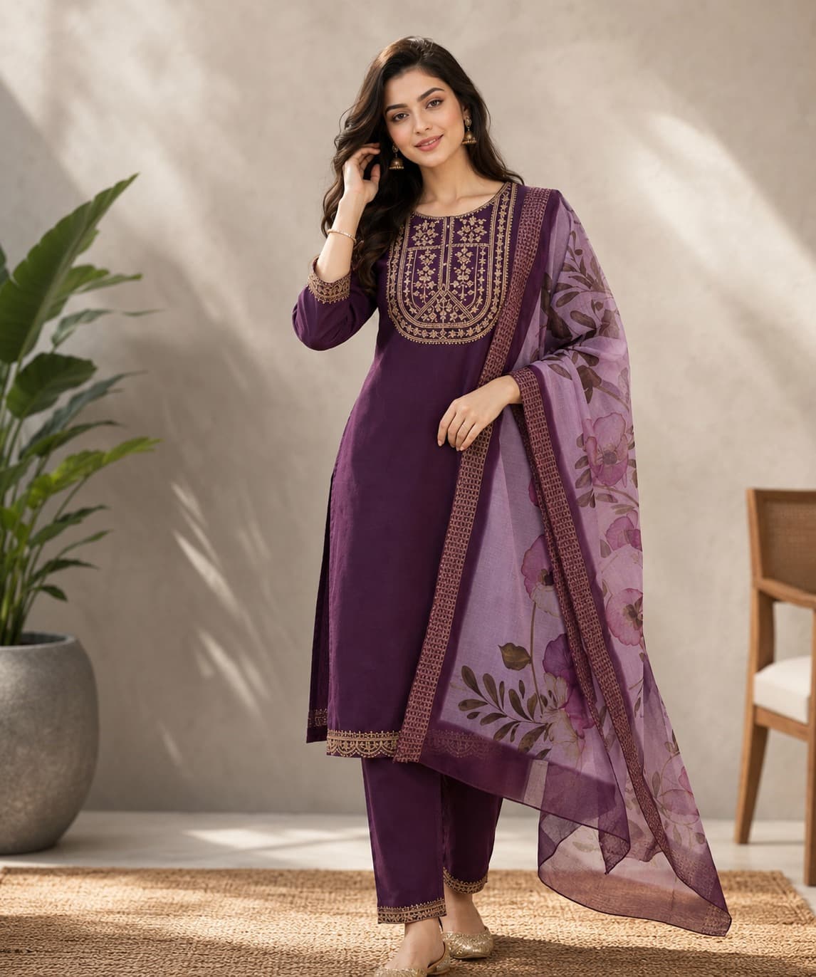 Women's Classic Edit 3-Piece Embroidered Rayon Slub Kurta Set – PAIR-16
