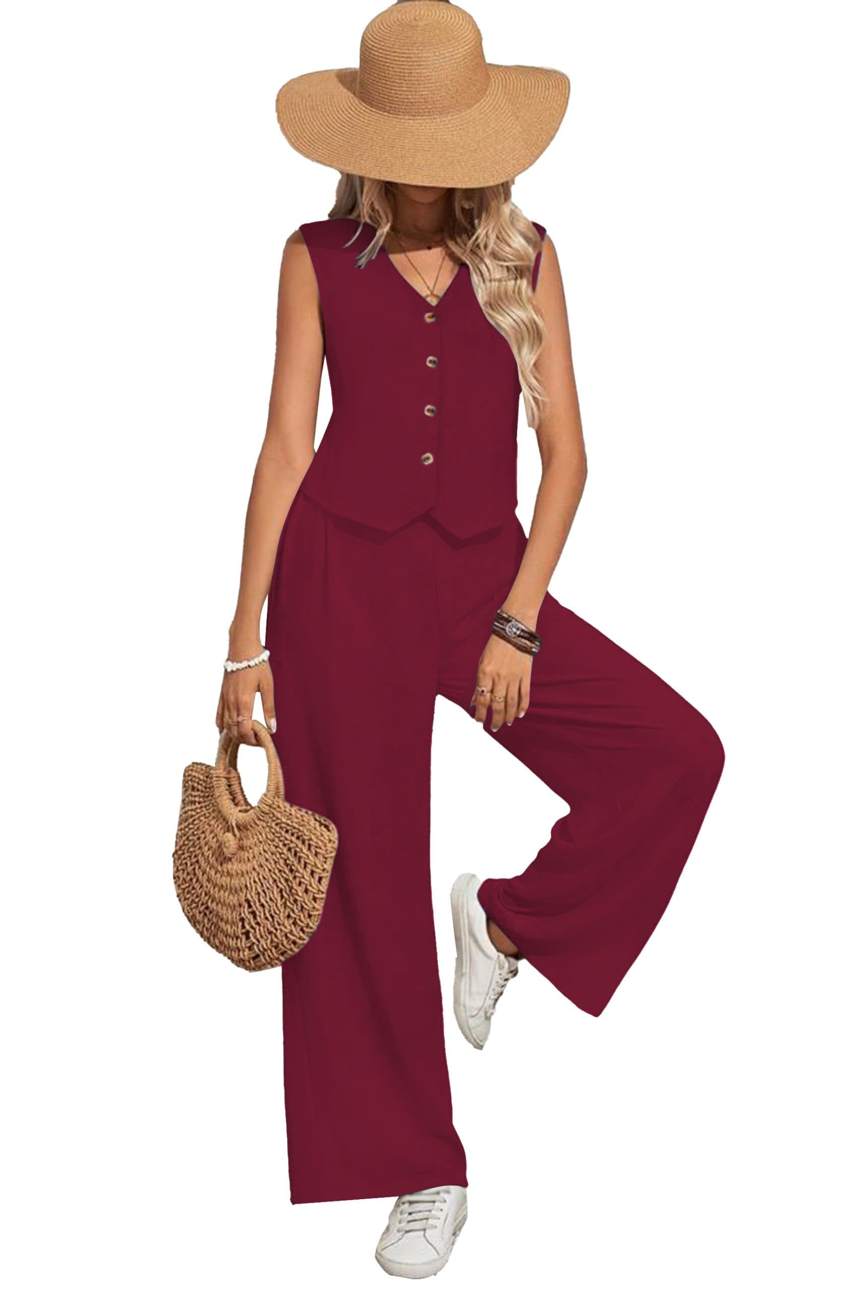 Sophisticated Maroon Waistcoat & Wide-Leg Trouser Co-Ord Set