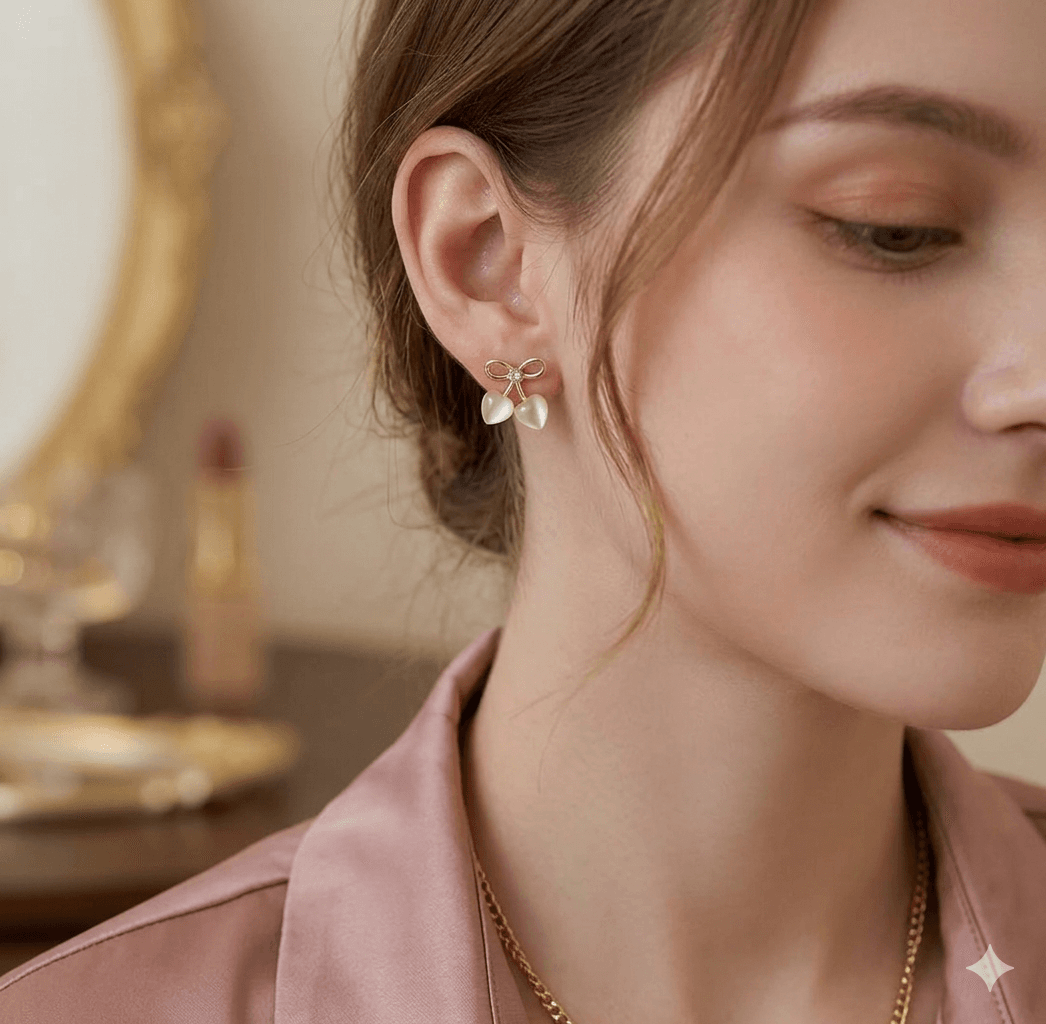 Romantic Gold Bow & Heart Cherry Studs