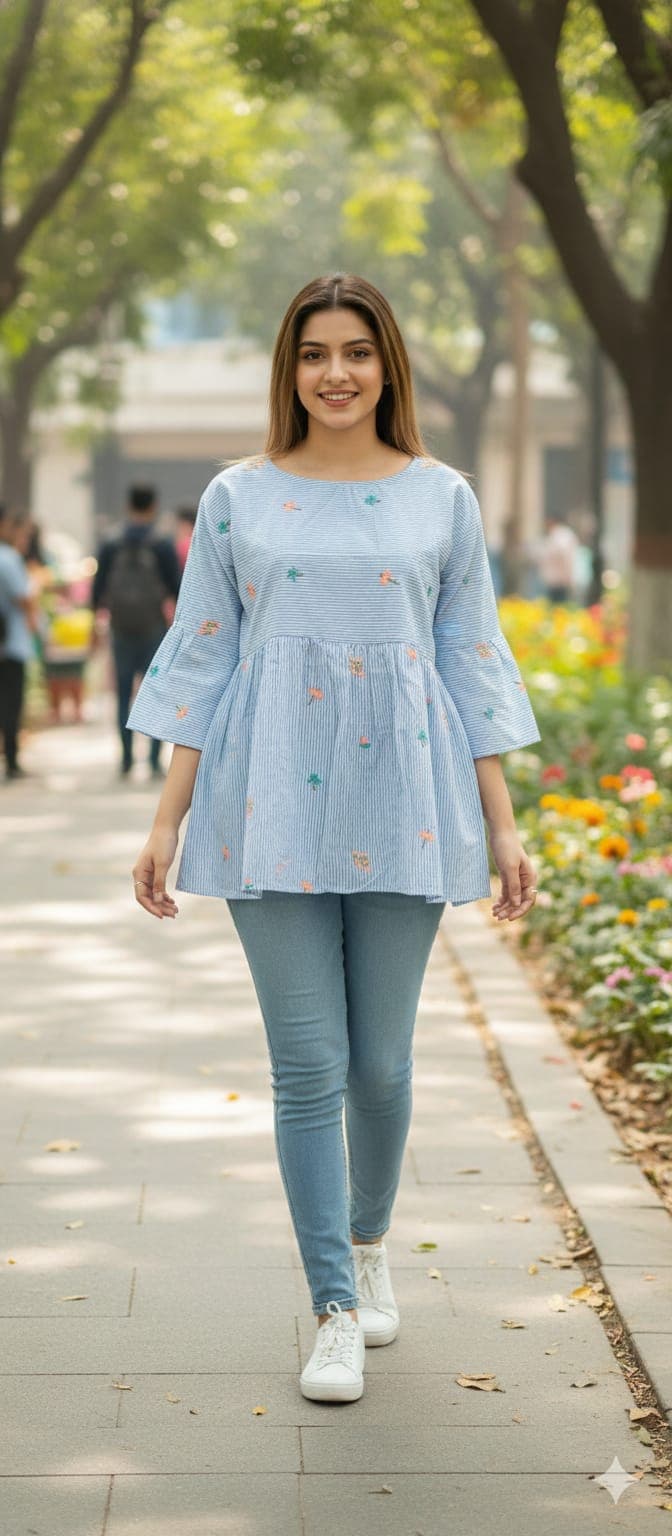 Nautical Striped Floral Embroidery Top