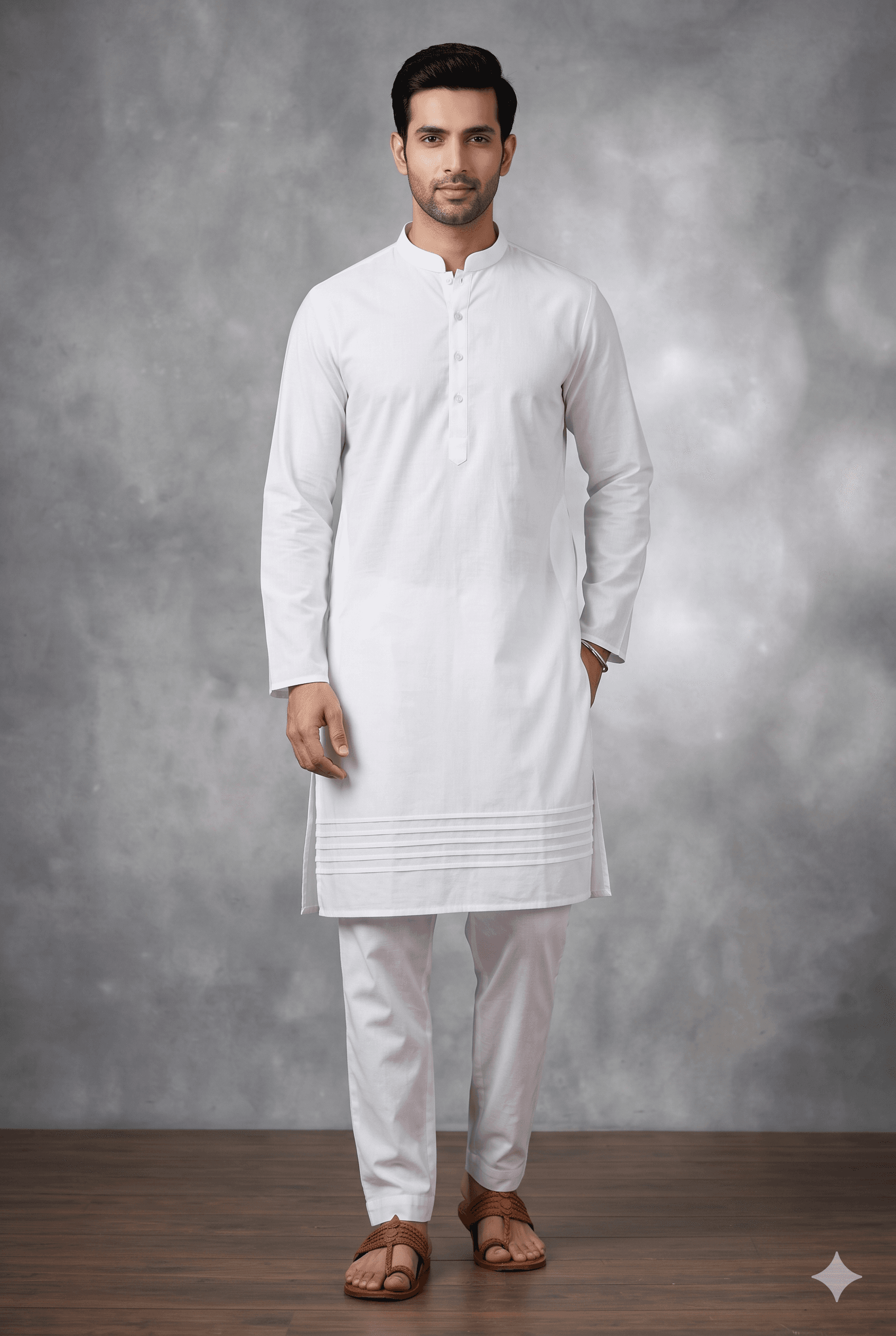 Mens Long Pintex Giza Cotton White Kurta & Pajama