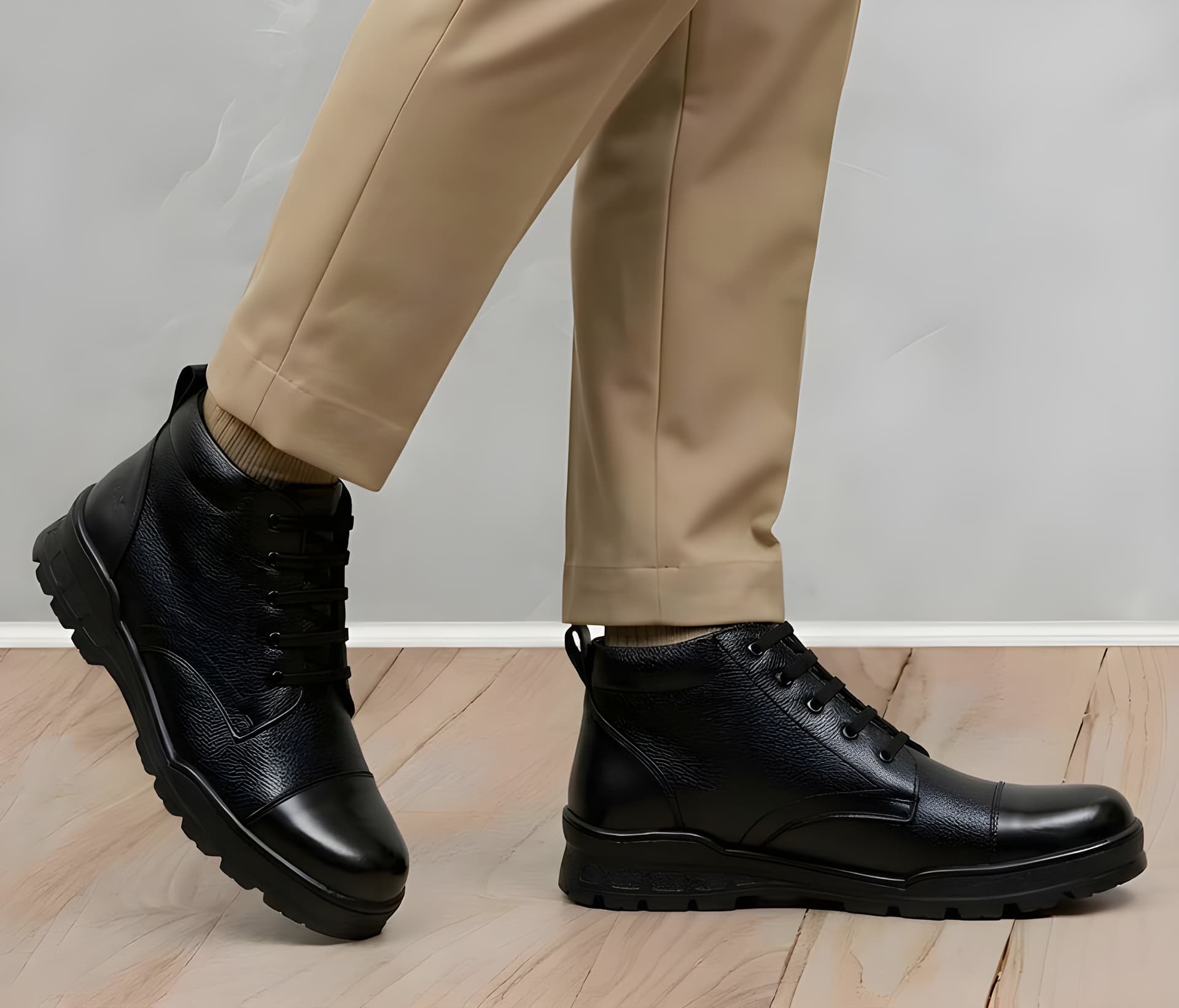 WUGO Men’s Premium Black Genuine Leather Lace-Up Boots