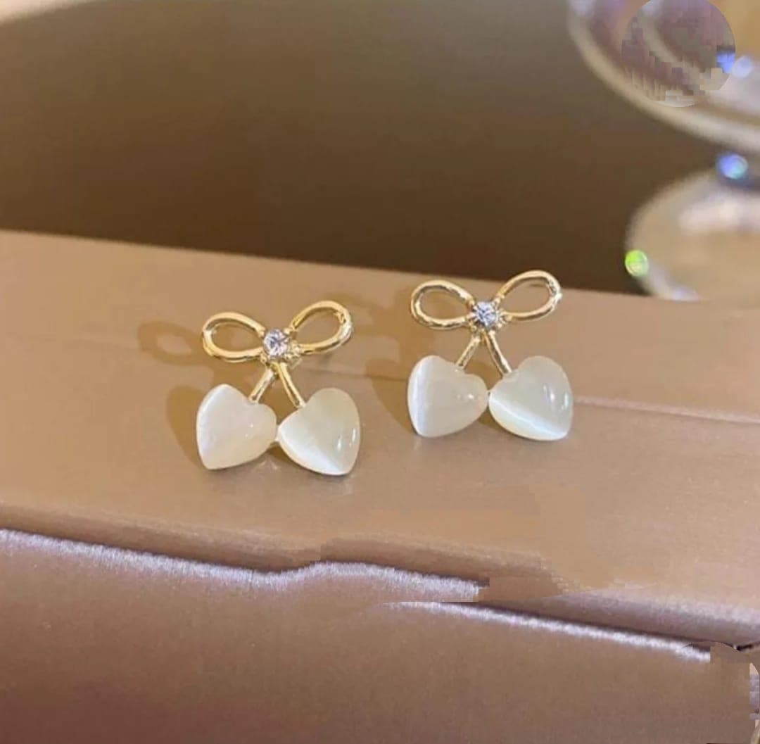 Romantic Gold Bow & Heart Cherry Studs alternate view