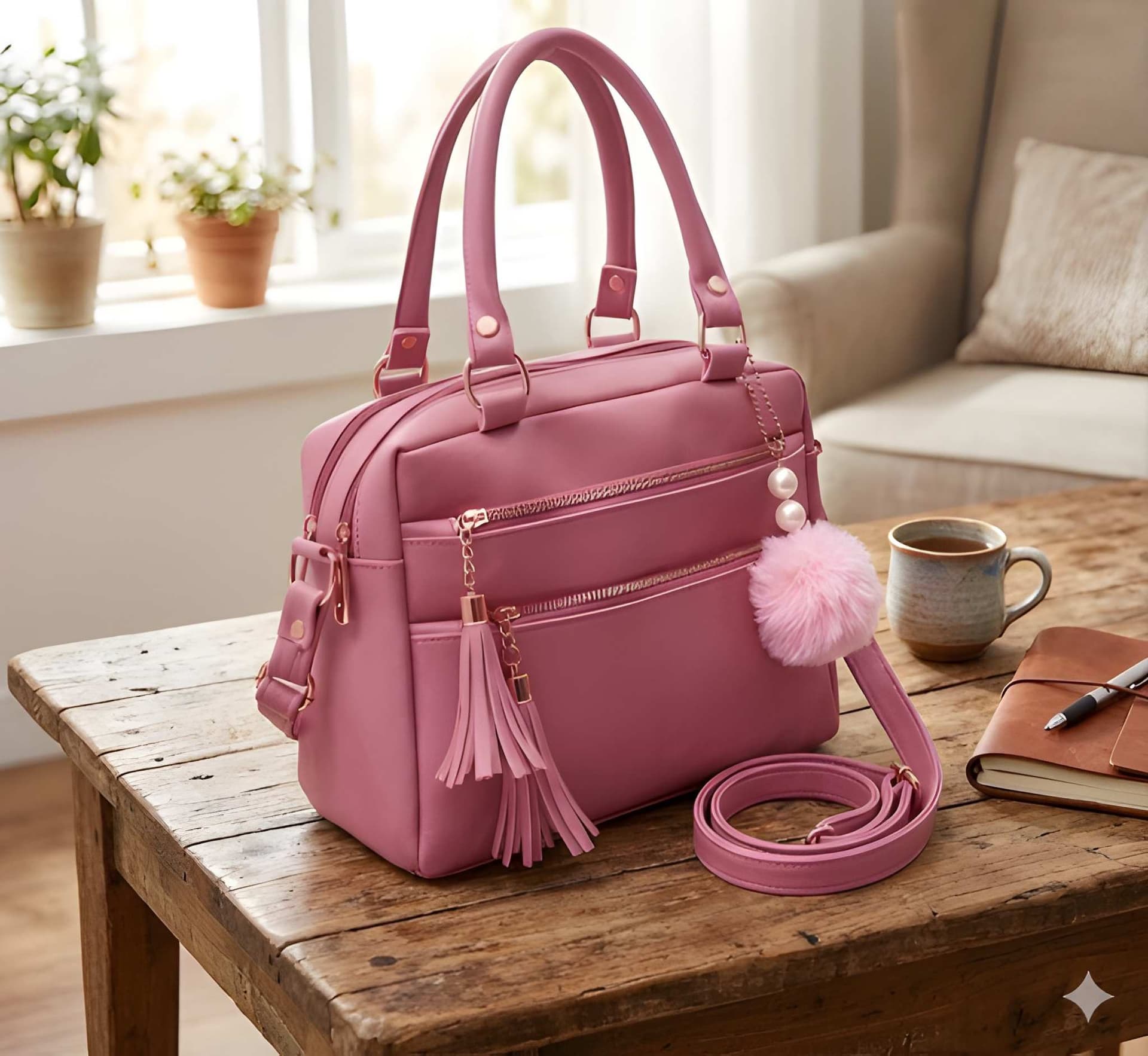 WUGO Women’s Elegant Rose Pink Multi-Pocket Handbag