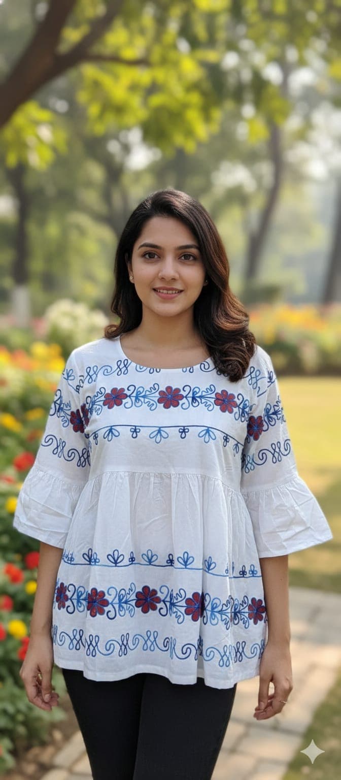 Elegant Floral Embroidered Cotton Peplum Top