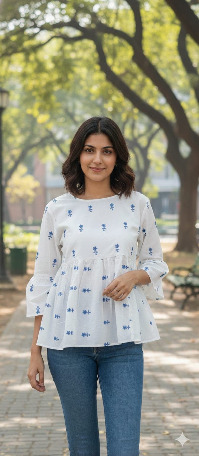 Classic White & Blue Floral Peplum Top