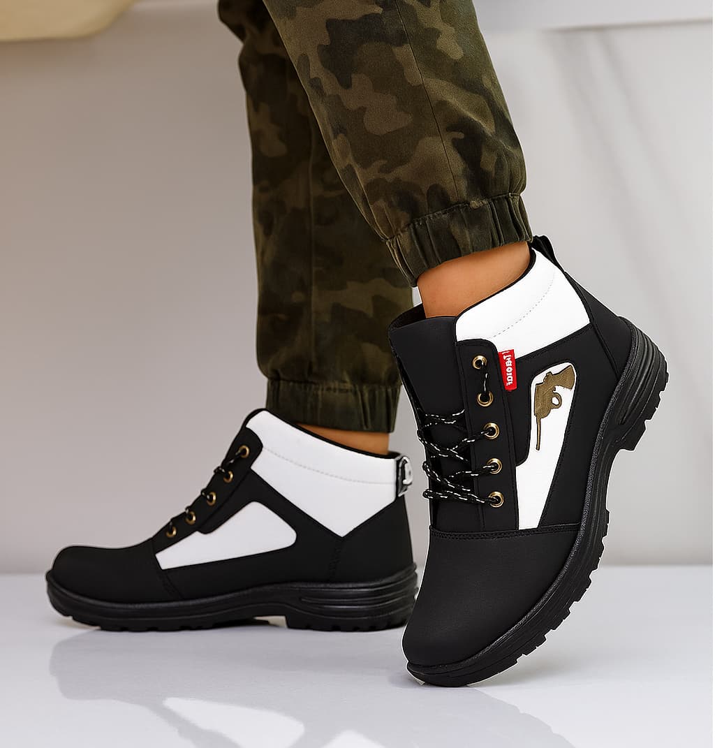 WUGO Men’s Black & White Tactical Lace-Up Ankle Boots