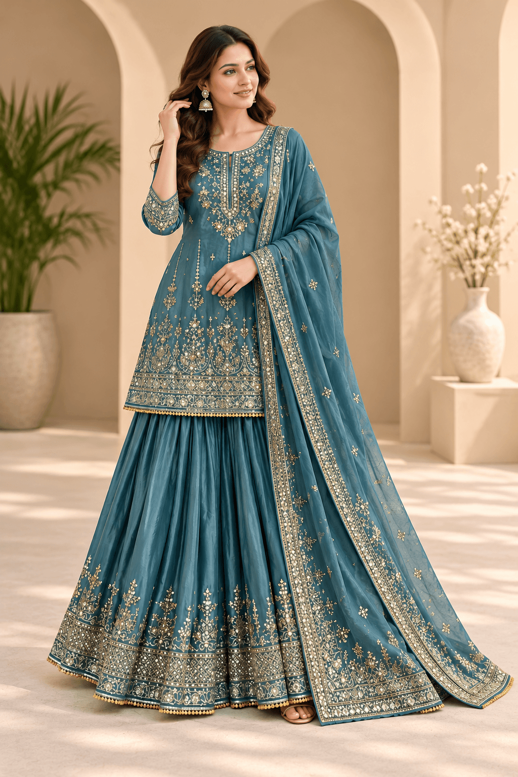 Heavy Chinon Silk Suit Set - Blue