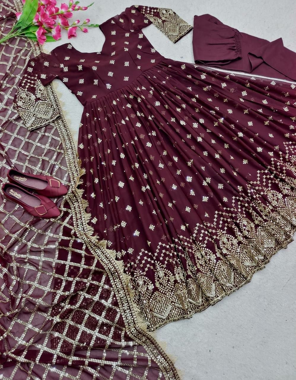 Heavy Faux Georgette Suit Set - Wine