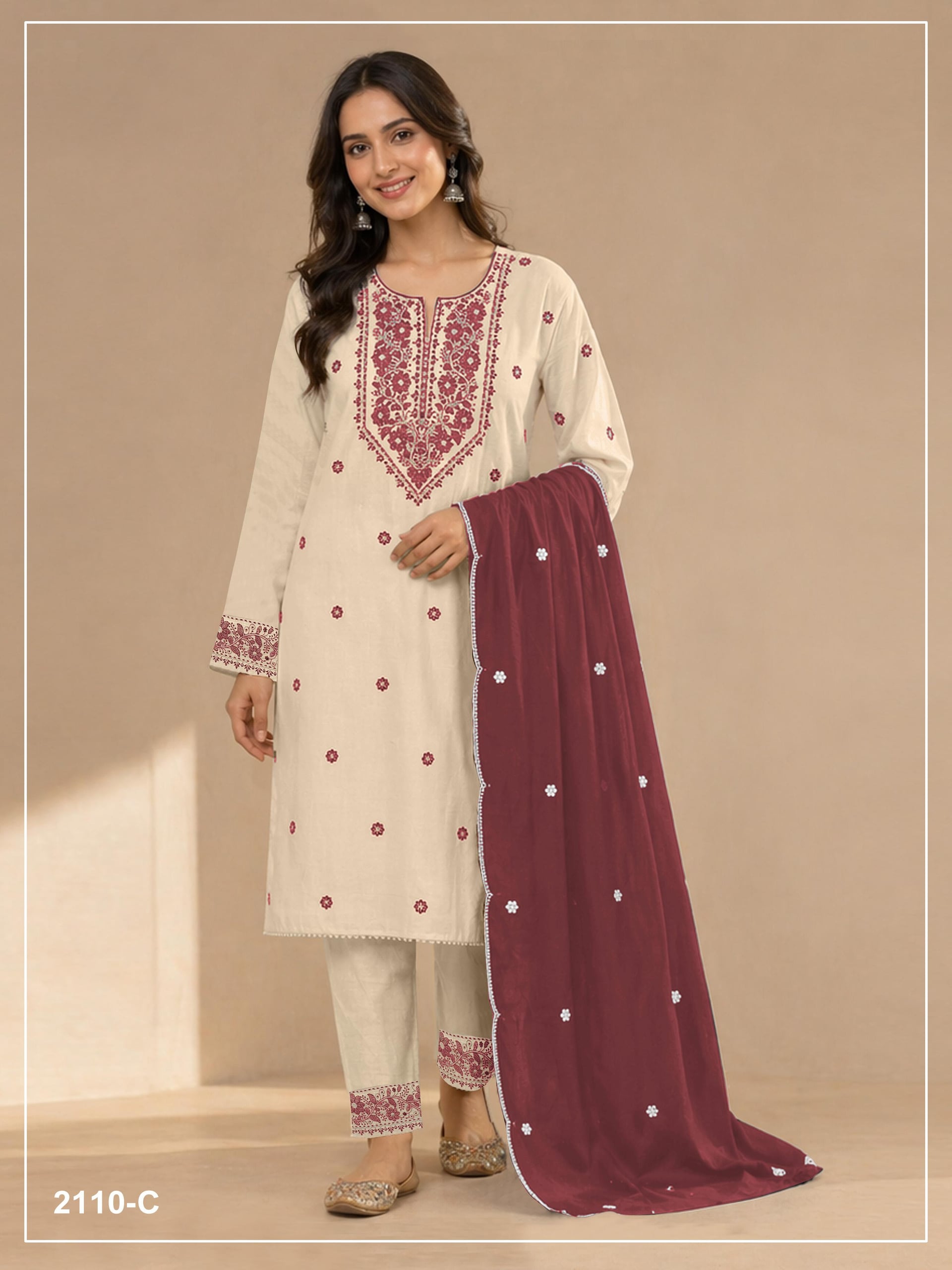 Khadi Cotton Heavy Embroidery Work Suit Set - Maroon