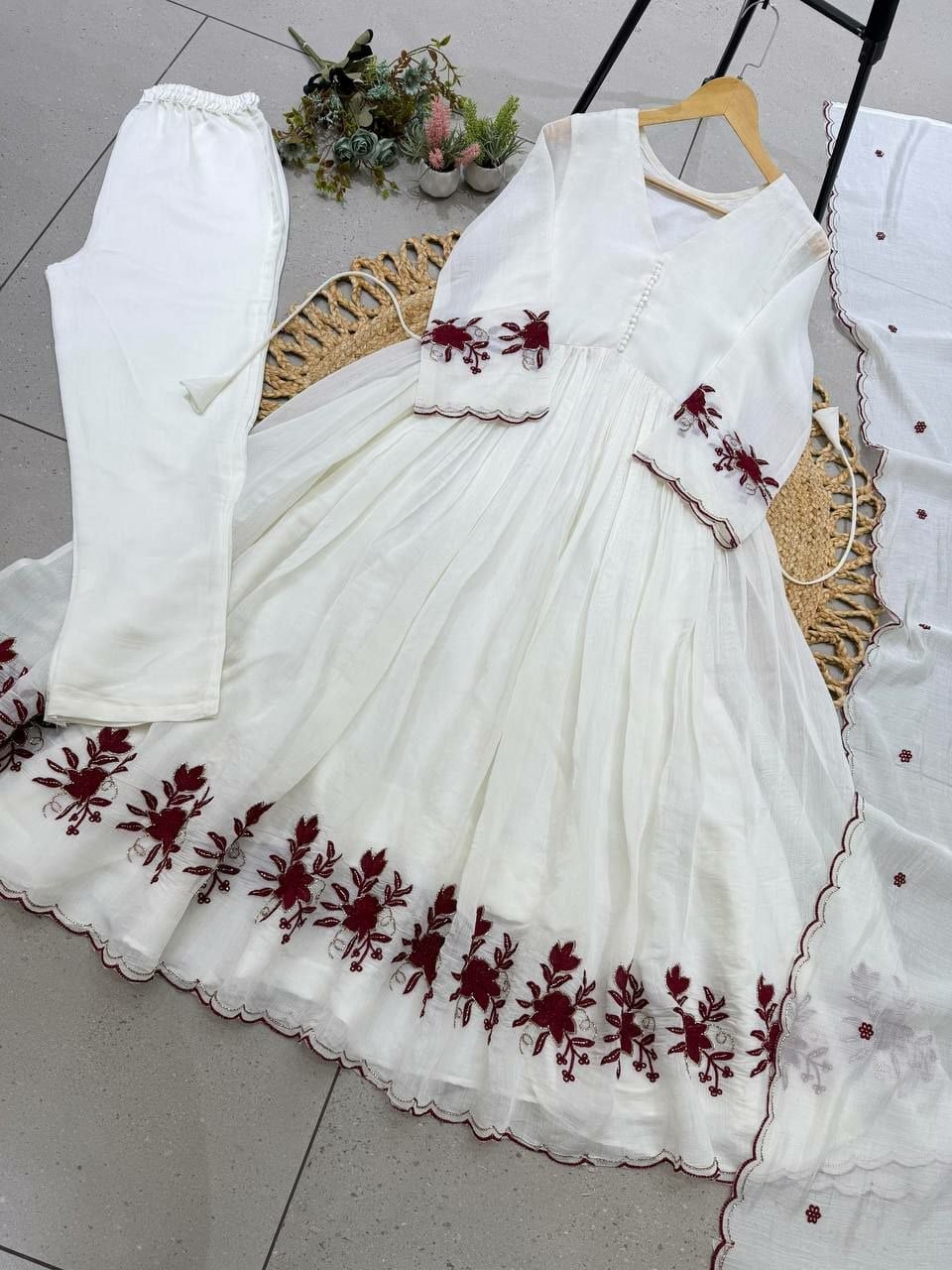 Premium Mul Chanderi Suit Set - White