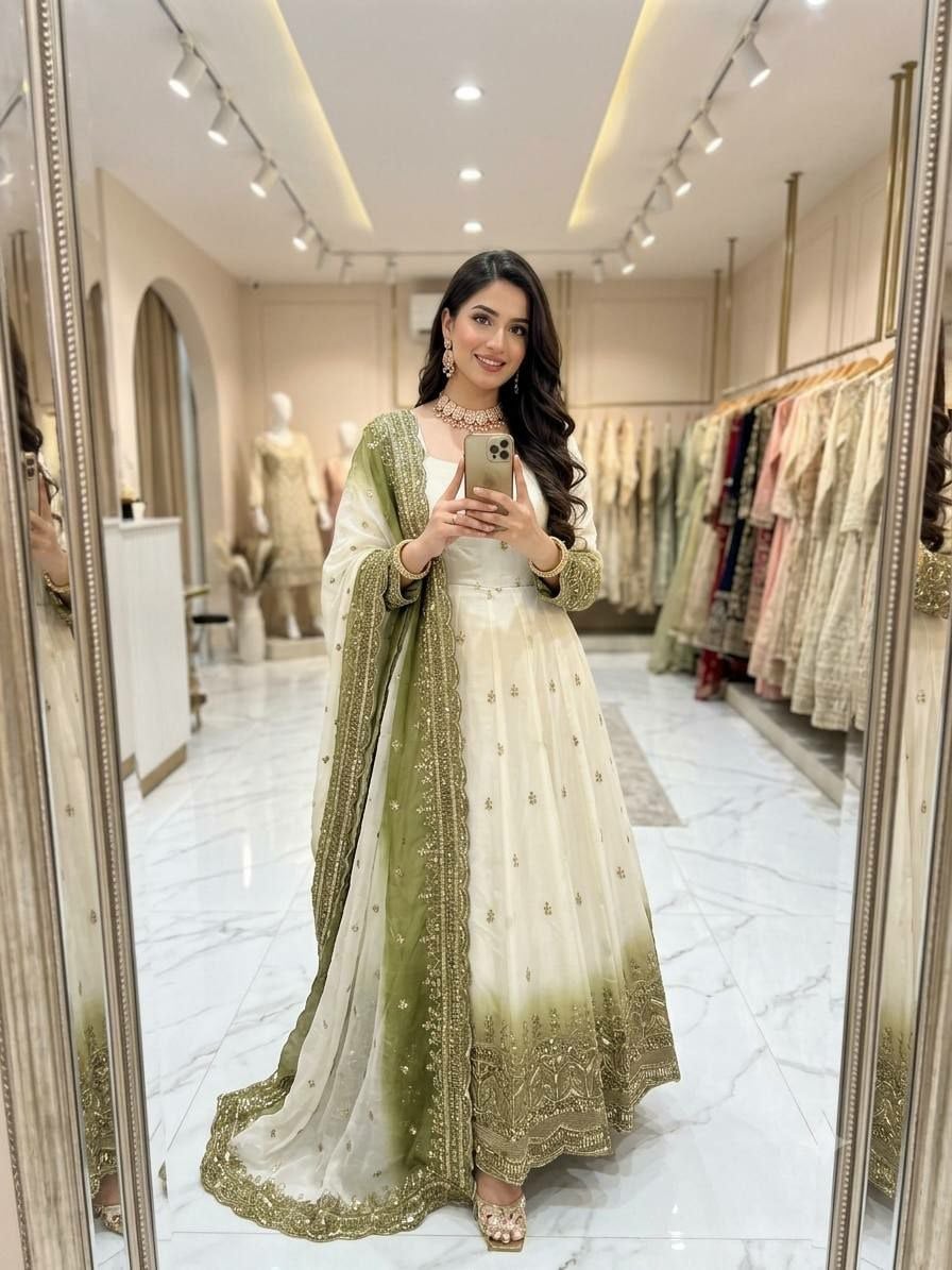 Pure Star Georgette Anarkali Gown Set - Green