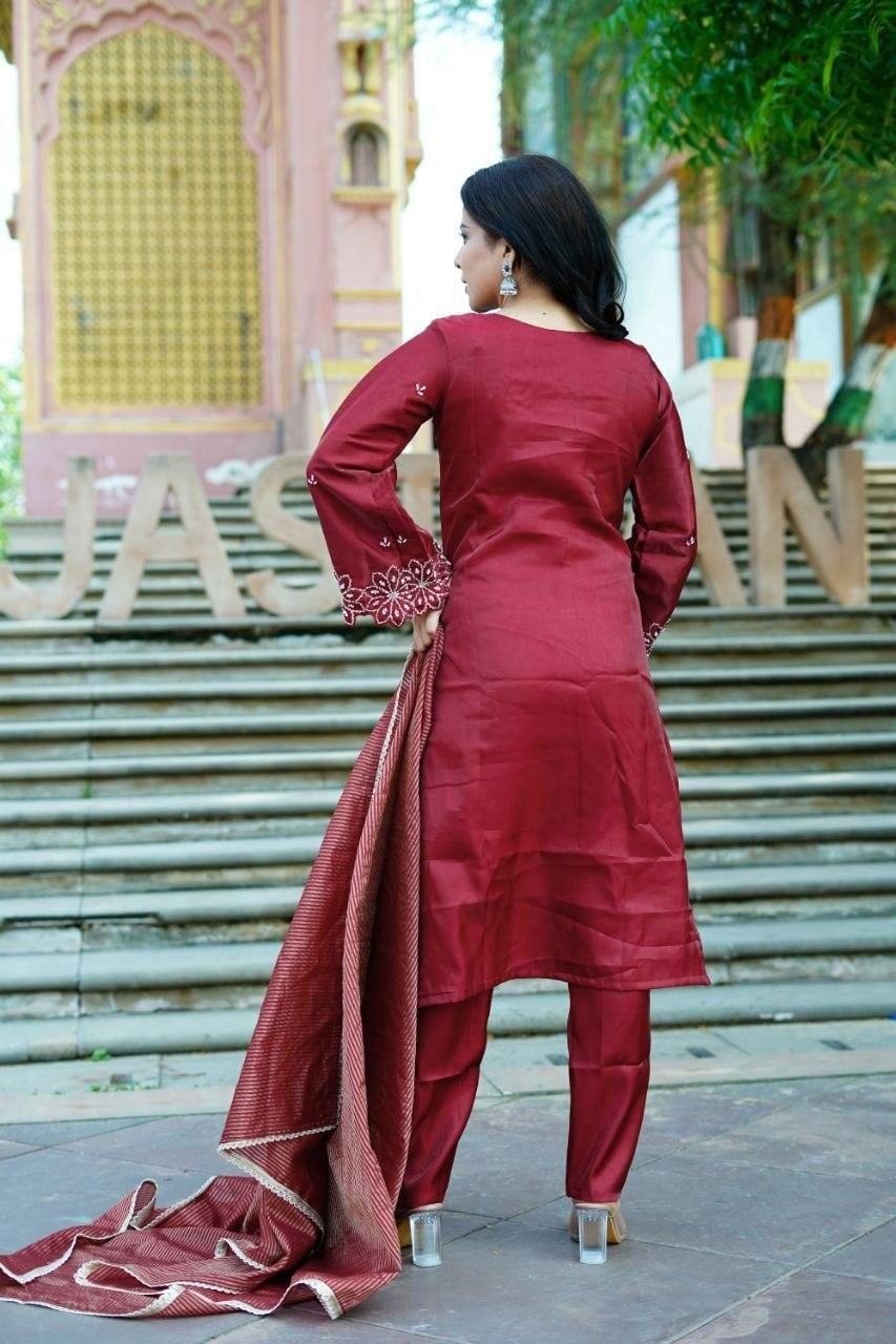 Premium Roman Silk Suit Set - Red