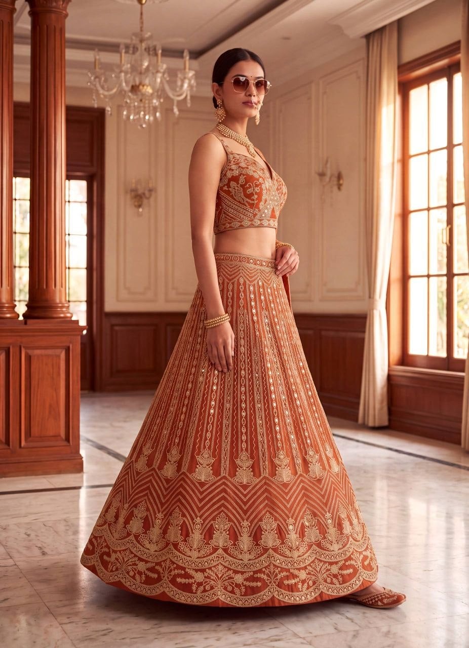 Butterfly Net Designer Lehenga Choli Set - Orange