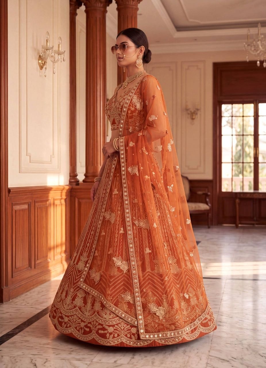 Butterfly Net Designer Lehenga Choli Set - Orange