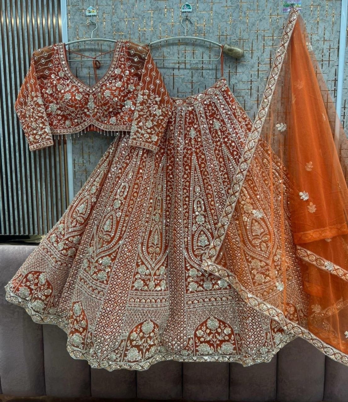 Heavy Butterfly Net Lahenga Choli Set - Orange