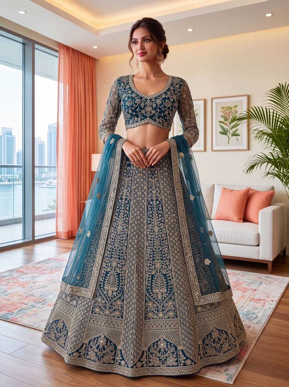 Heavy Butterfly Net Lahenga Choli Set - Blue