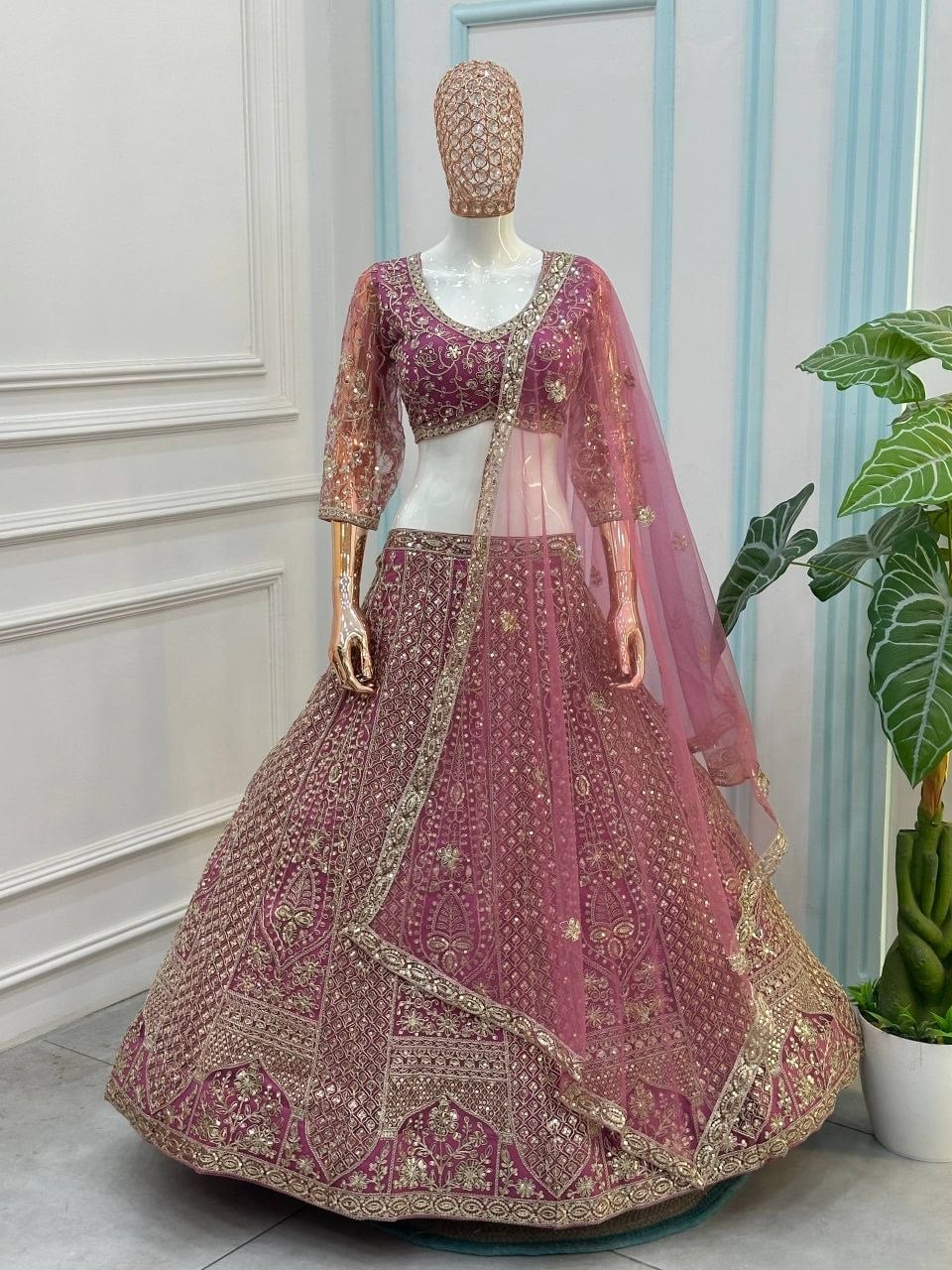 Heavy Butterfly Net Lahenga Choli Set - Pink