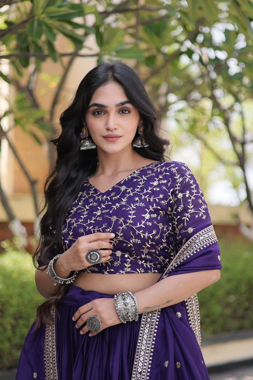 Premium Glory Satin Lahenga Choli Set - Purple