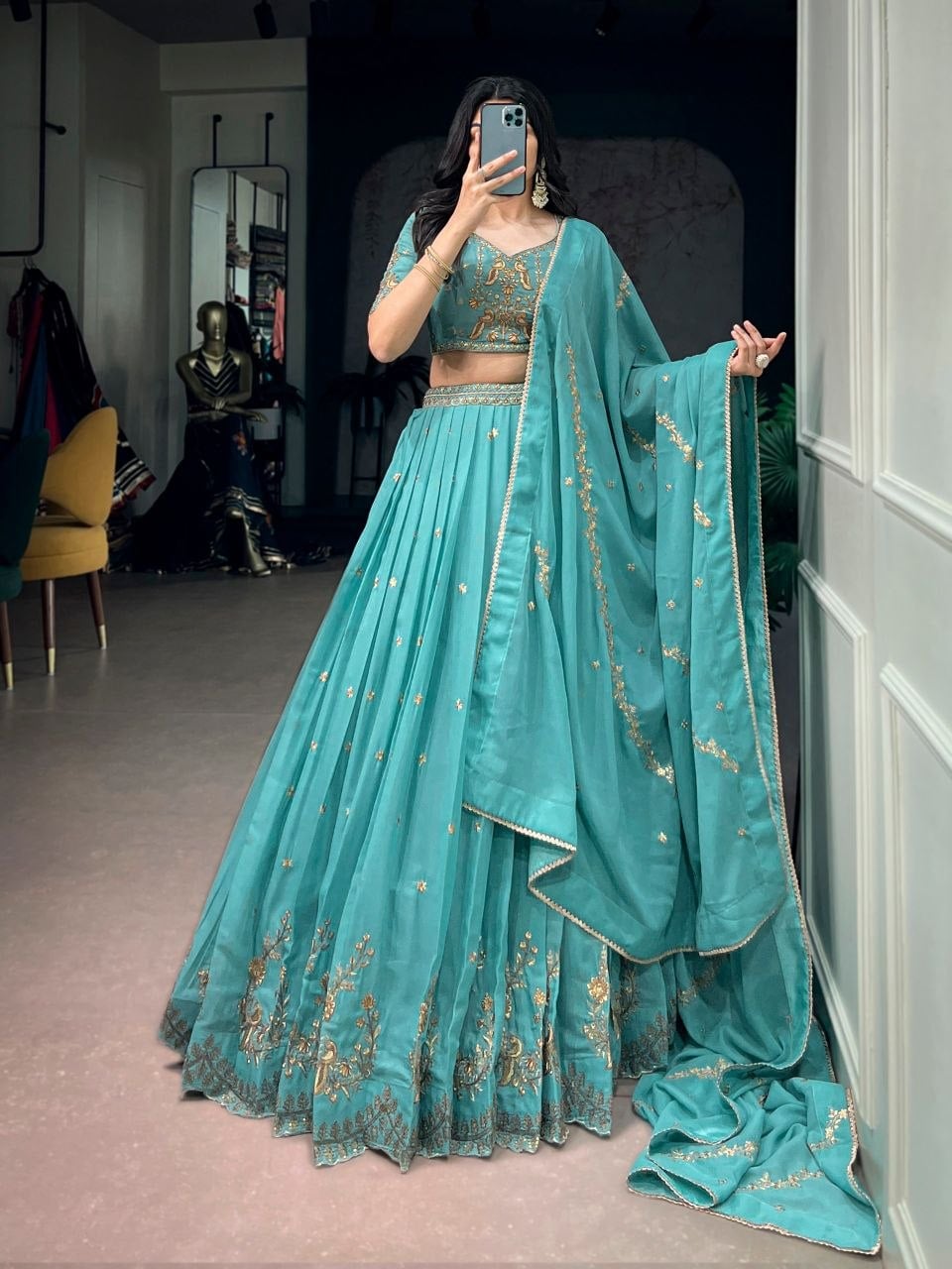 Star Georgette Lahenga Choli Set - Blue