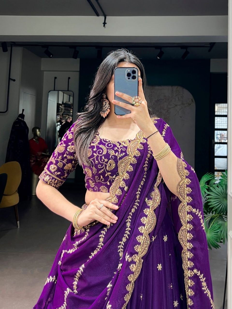 Star Georgette Lahenga Choli Set - Purple