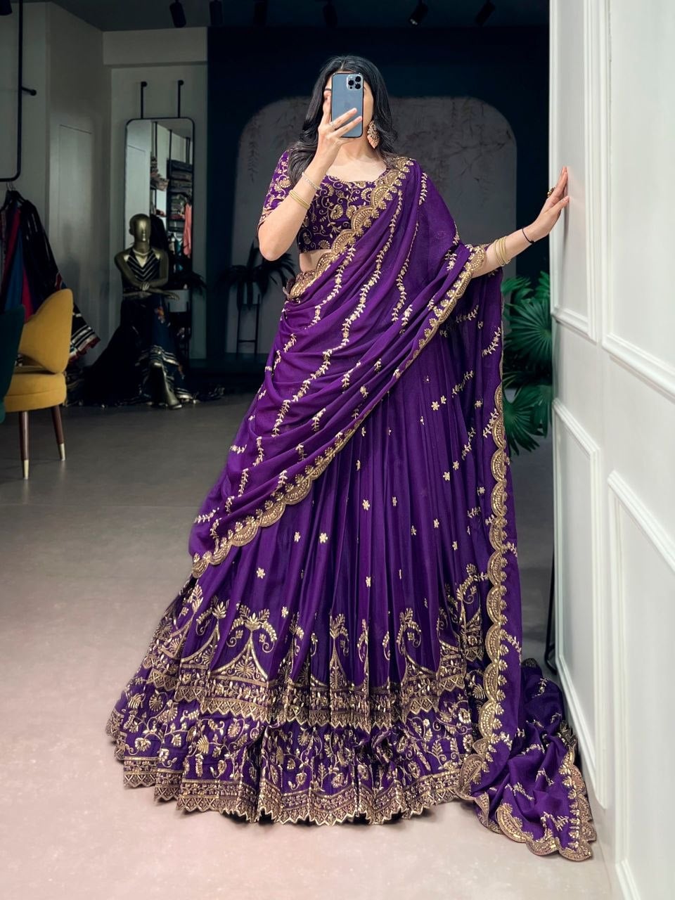 Star Georgette Lahenga Choli Set - Purple