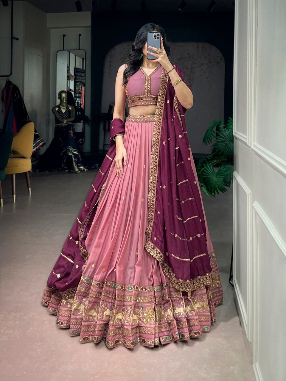 Star Georgette Lahenga Choli Set - Pink
