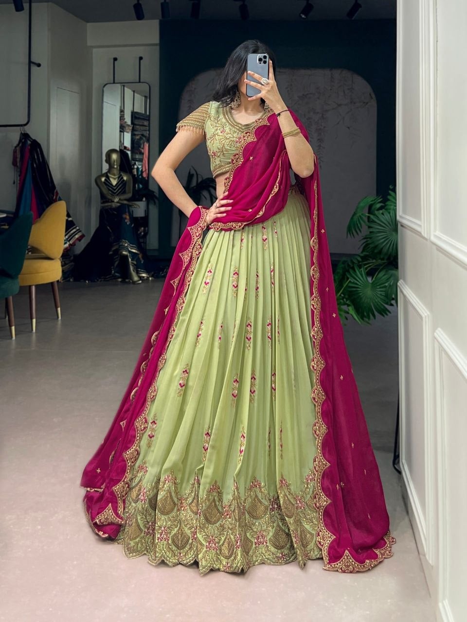 Star Georgette Lahenga Choli Set - Green