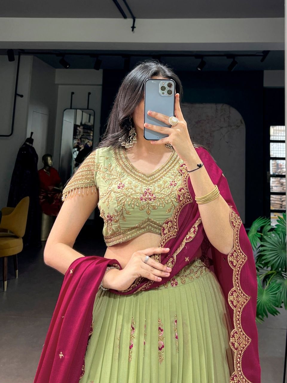 Star Georgette Lahenga Choli Set - Green