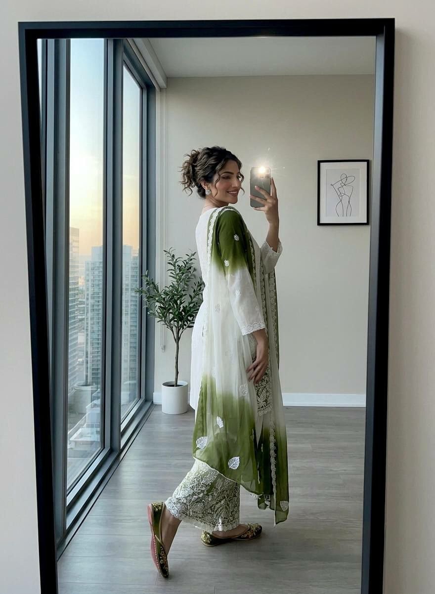 Heavy Dual-Tone Padding Star Georgette Suit Set - Green