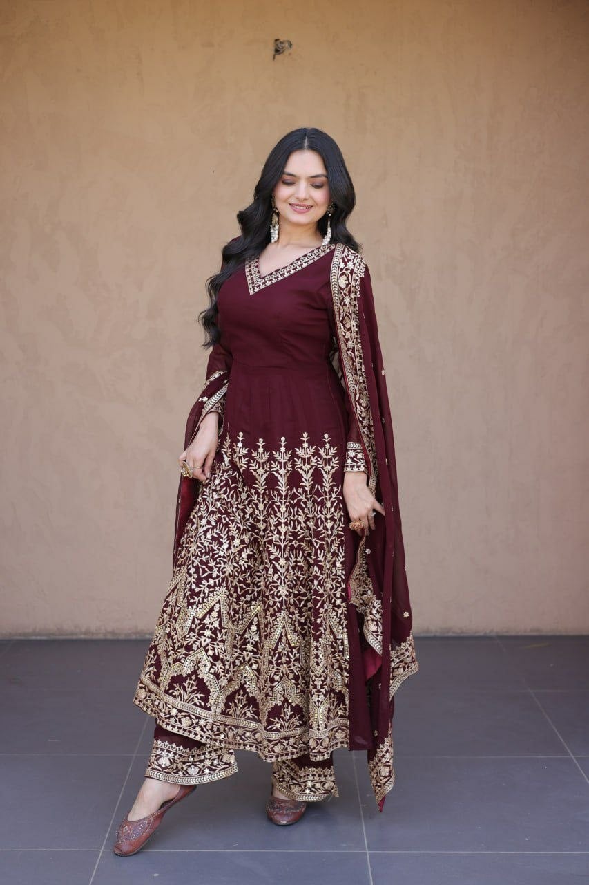 Premium Faux Blooming salwar Suit Set - Wine