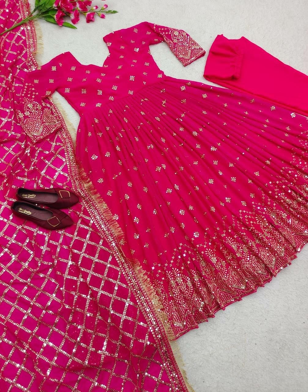 Heavy Faux Georgette Suit Set - Pink - view 1
