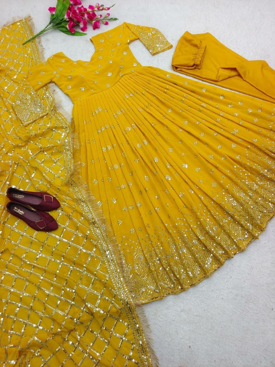 Heavy Faux Georgette Suit Set - Yellow - view 1