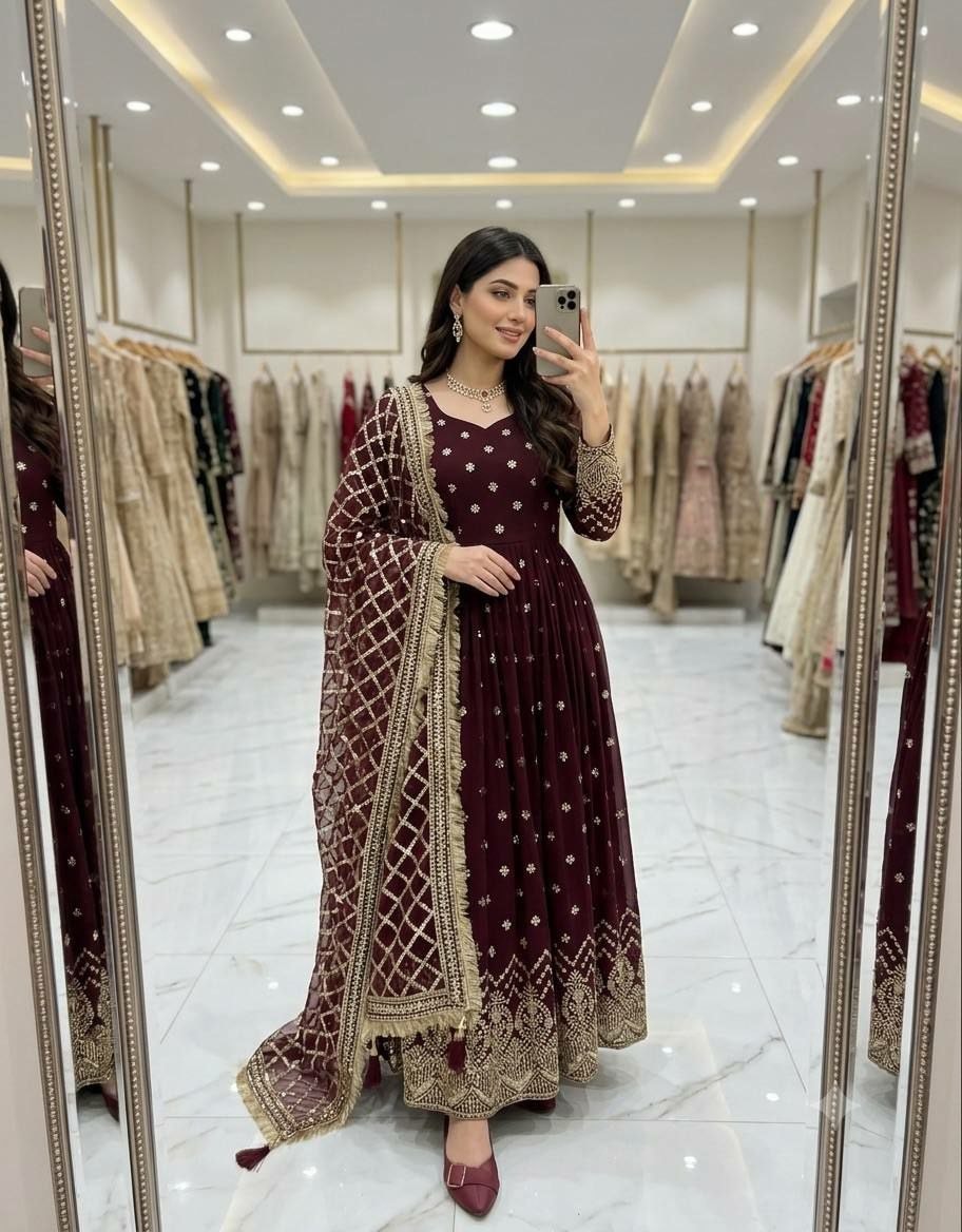 Heavy Faux Georgette Suit Set - Wine - view 2