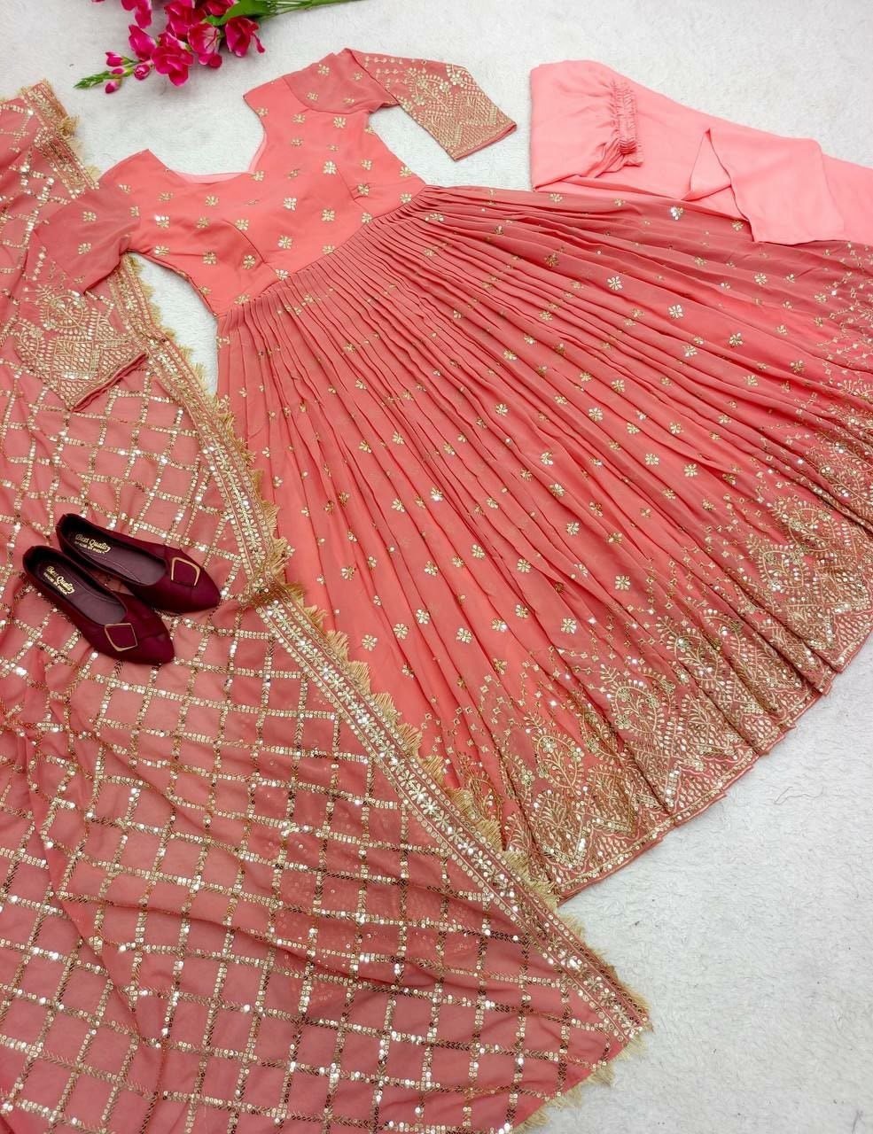 Heavy Faux Georgette Suit Set - Peach - view 1