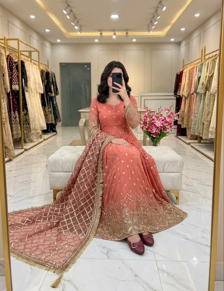 Heavy Faux Georgette Suit Set - Peach - view 2