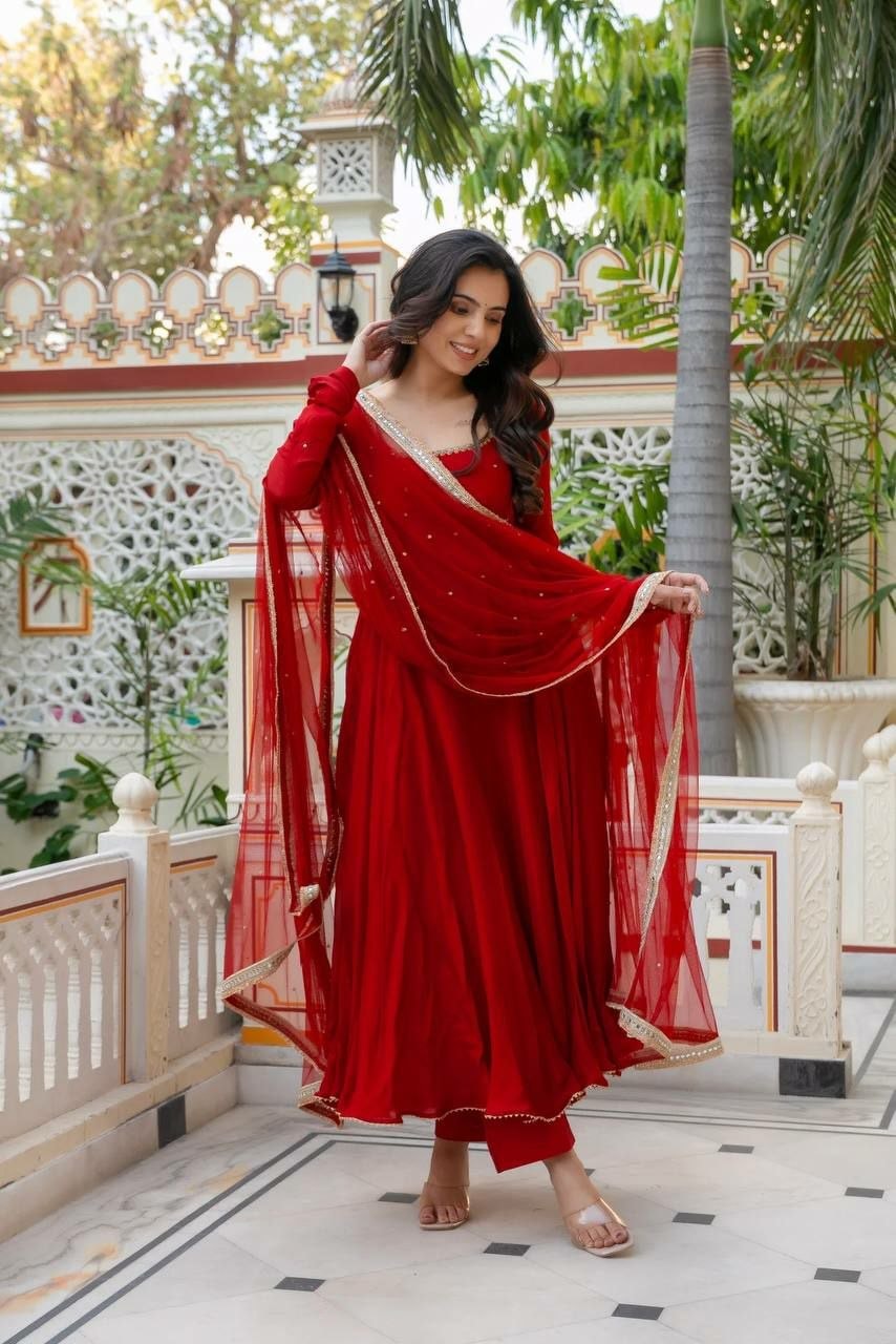 Premium Faux Georgette Suit Set - Red - view 2