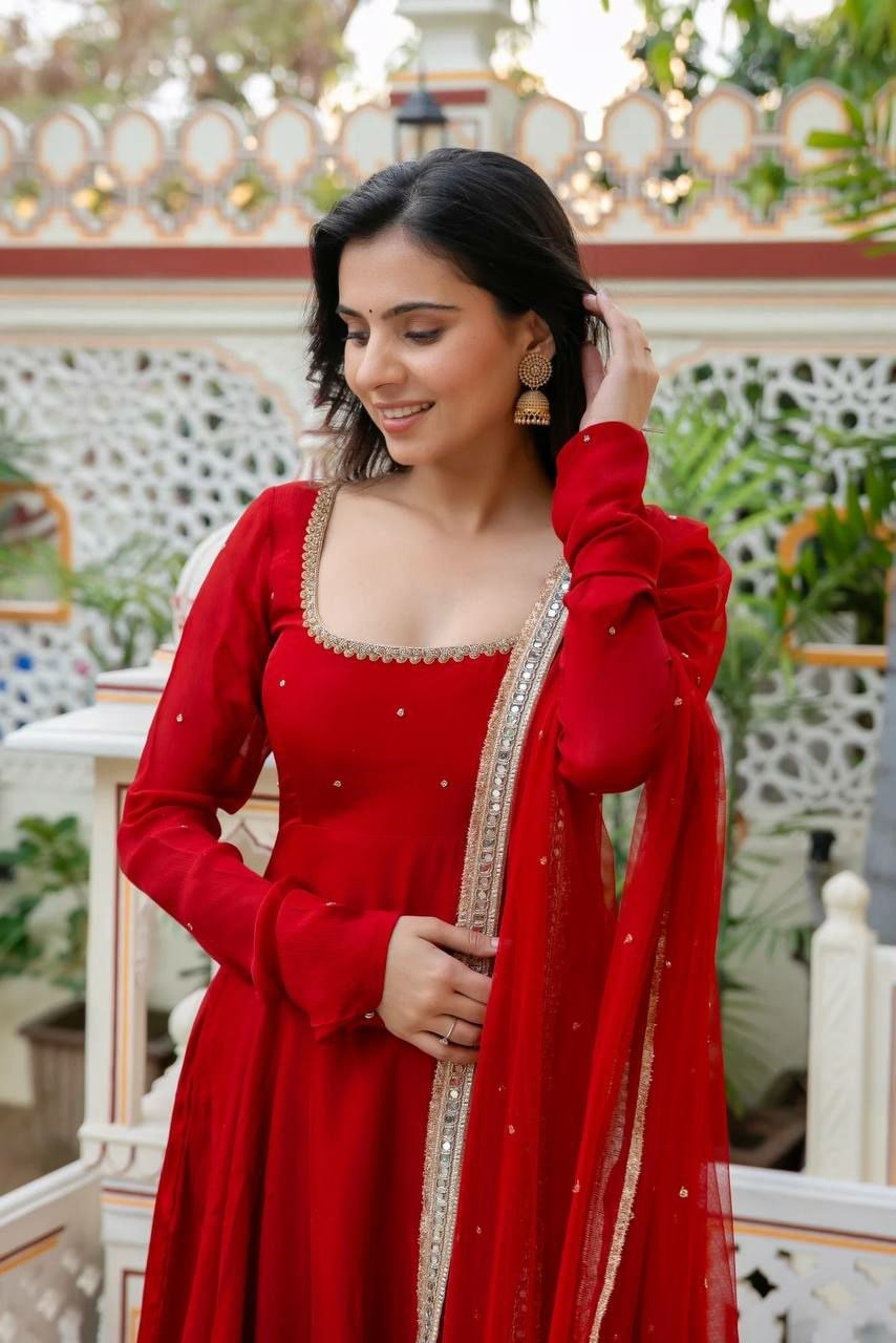 Premium Faux Georgette Suit Set - Red - view 4