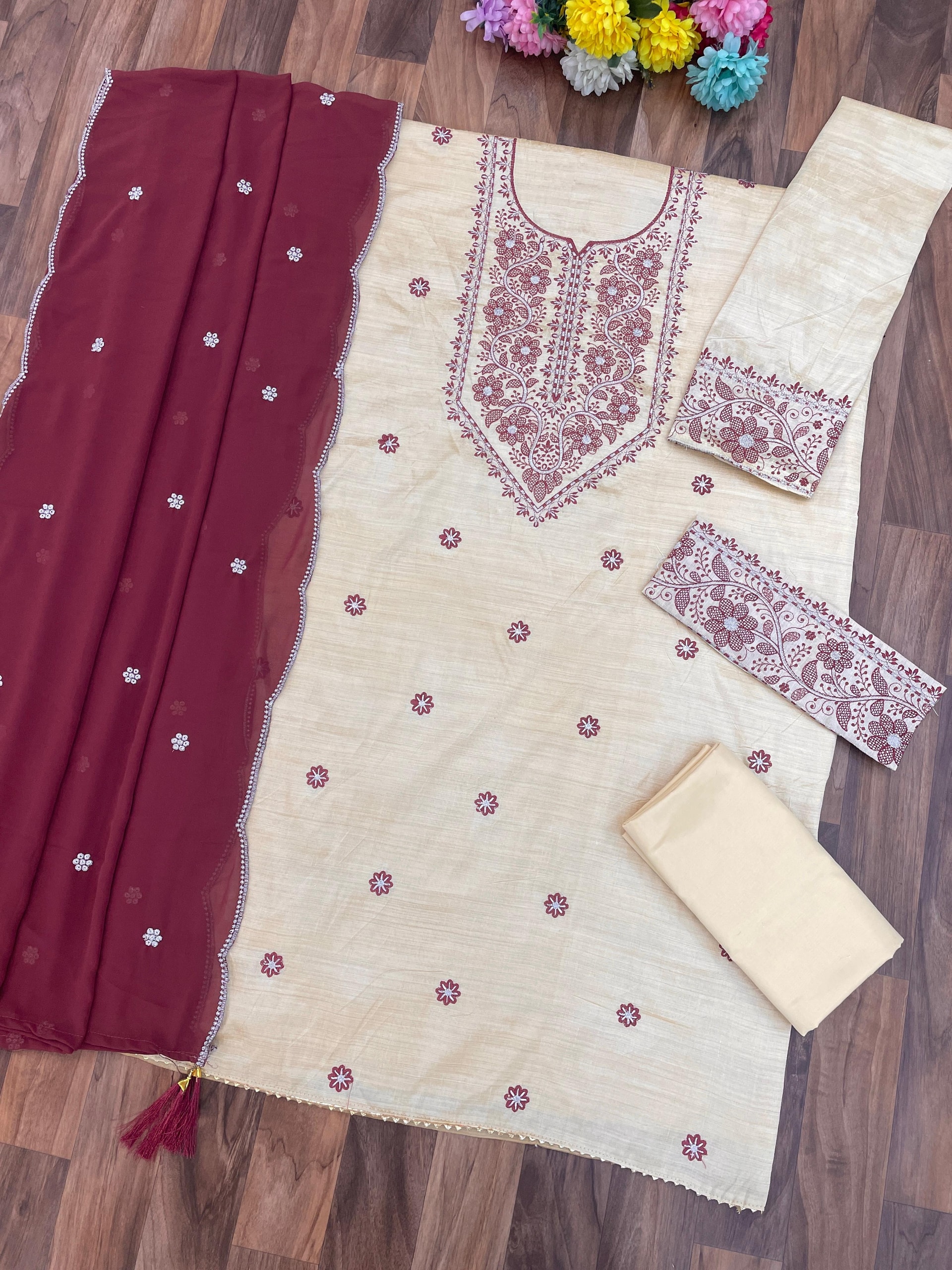 Khadi Cotton Heavy Embroidery Work Suit Set - Maroon - view 2
