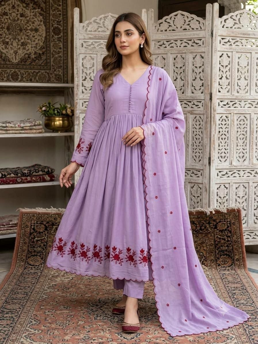 Premium Mul Chanderi Suit Set - Purple - view 1
