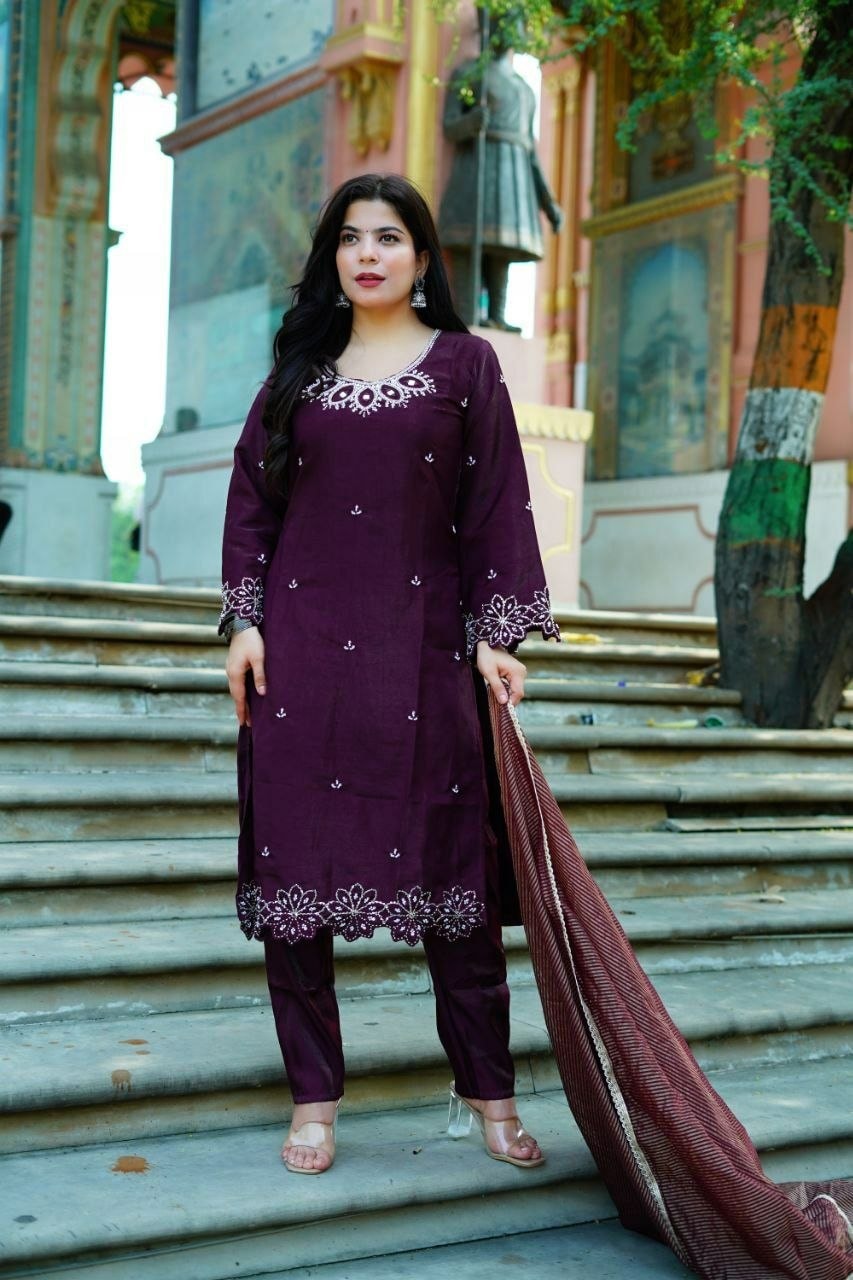 Premium Roman Silk Suit Set - Purple - view 2