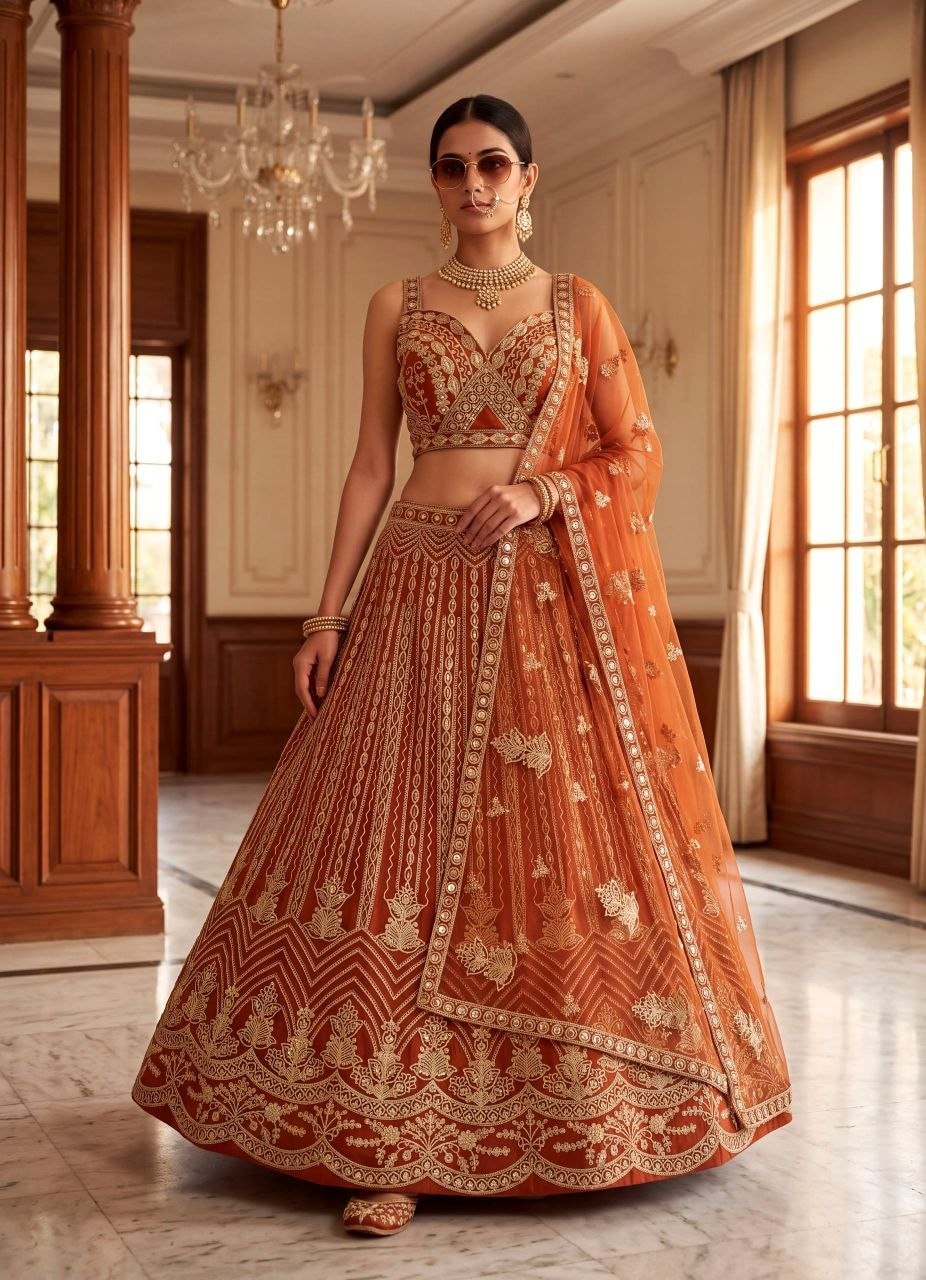 Butterfly Net Designer Lehenga Choli Set - Orange - view 1