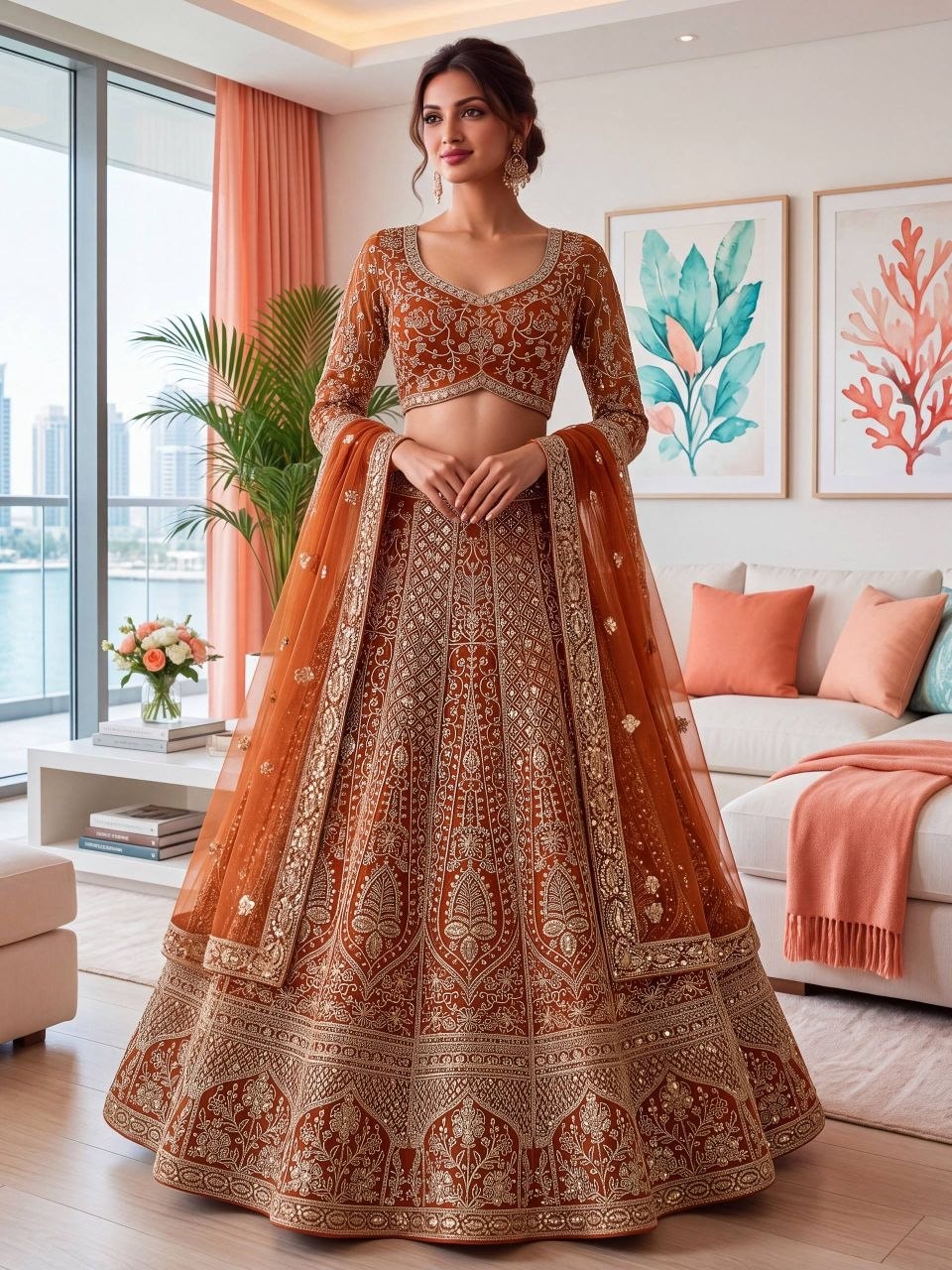 Heavy Butterfly Net Lahenga Choli Set - Orange - view 3