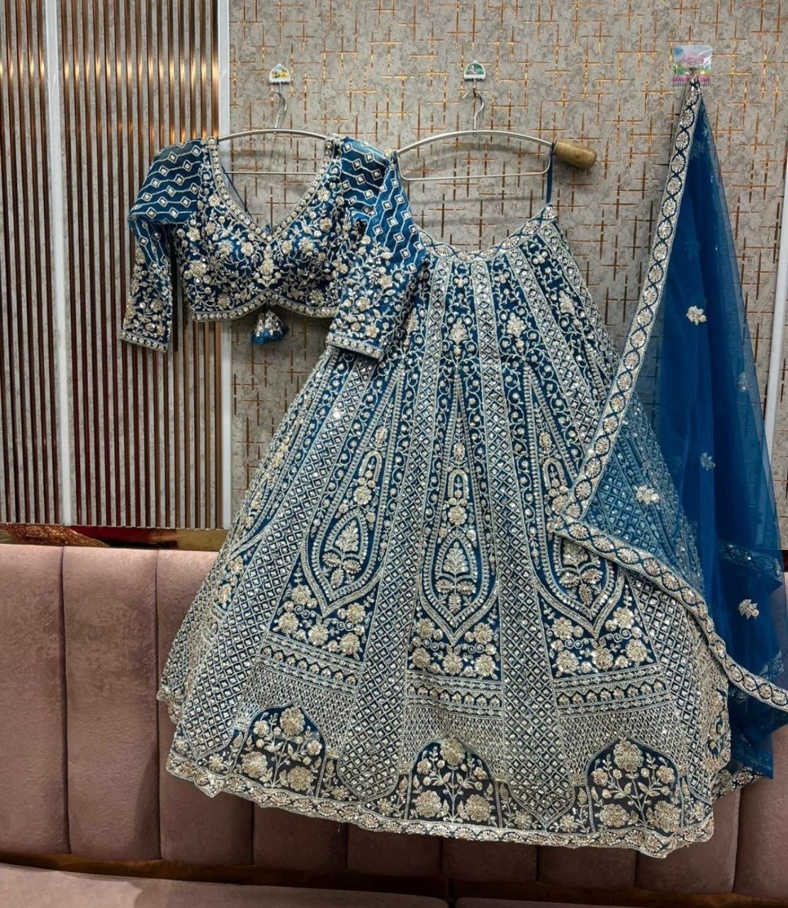 Heavy Butterfly Net Lahenga Choli Set - Blue - view 2