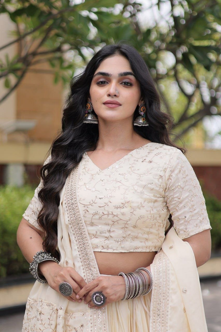 Premium Glory Satin Lahenga Choli Set - White - view 3