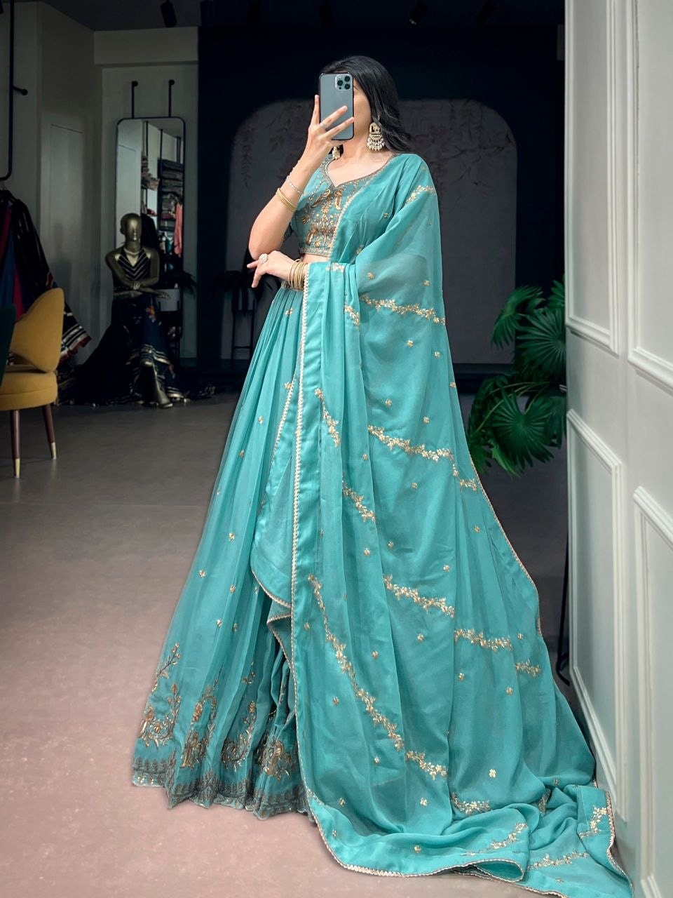 Star Georgette Lahenga Choli Set - Blue - view 1