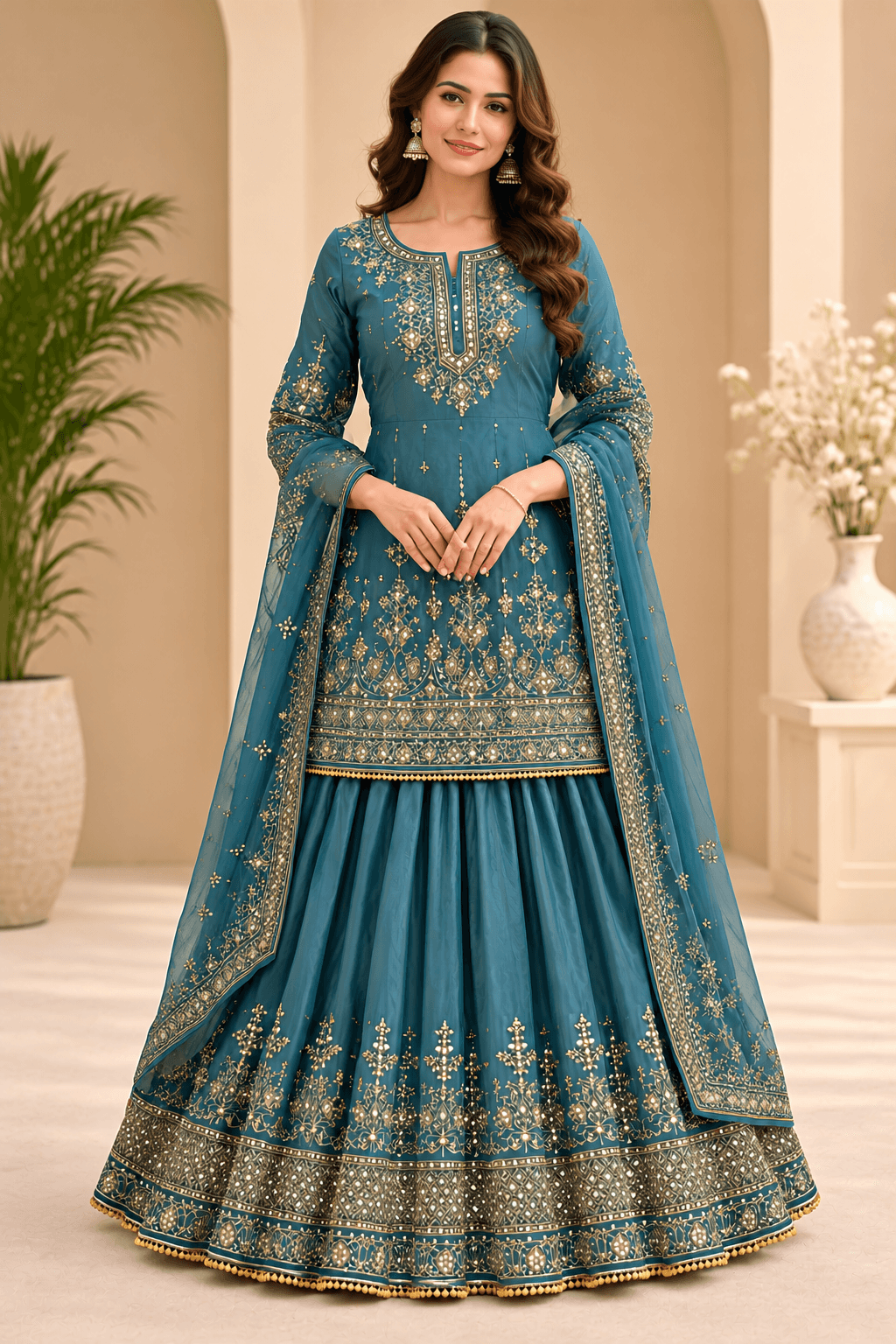 Heavy Chinon Silk Suit Set - Blue - view 3