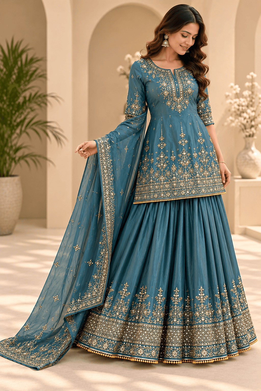 Heavy Chinon Silk Suit Set - Blue - view 5