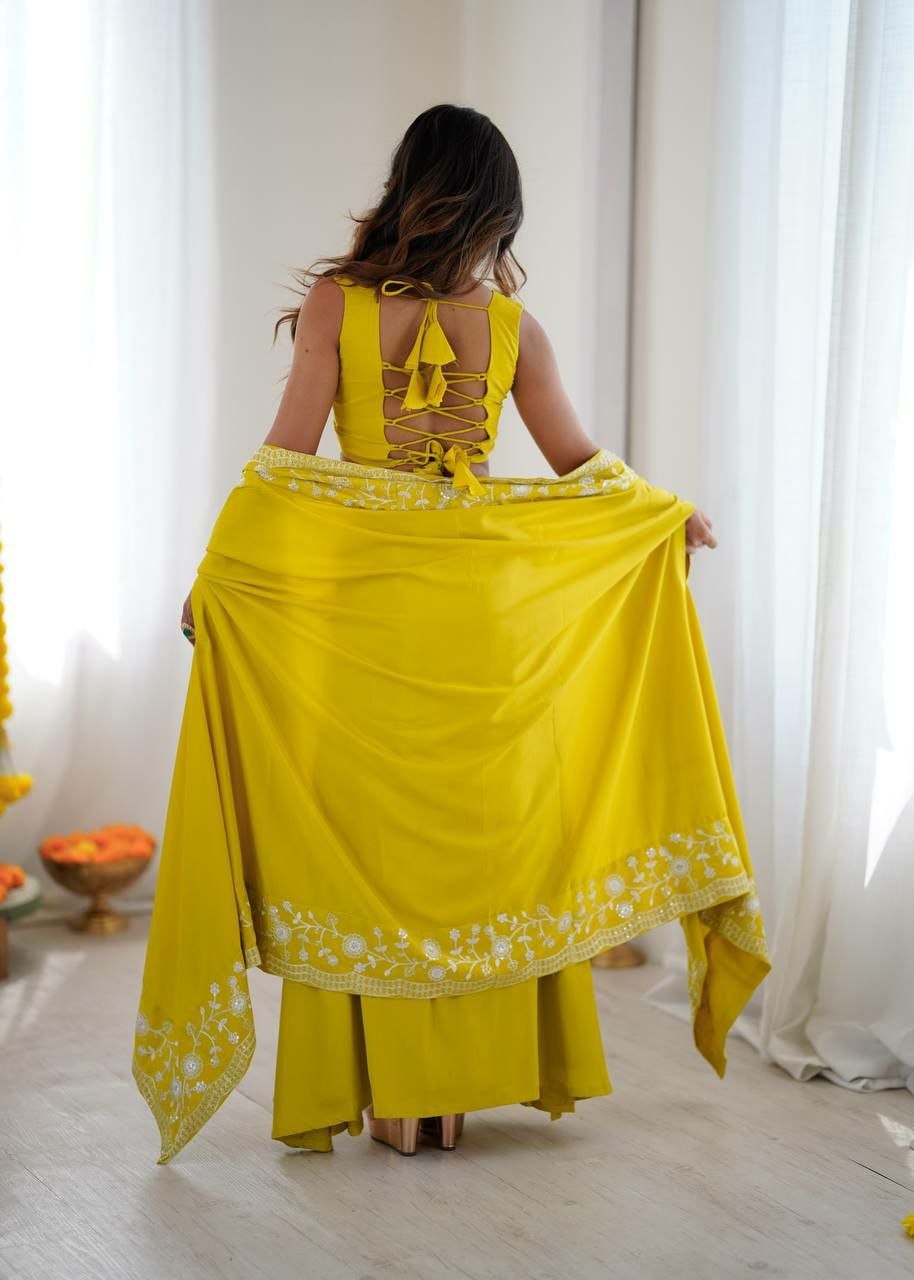 French Crepe Salwar suit Set - Yellow - view 2