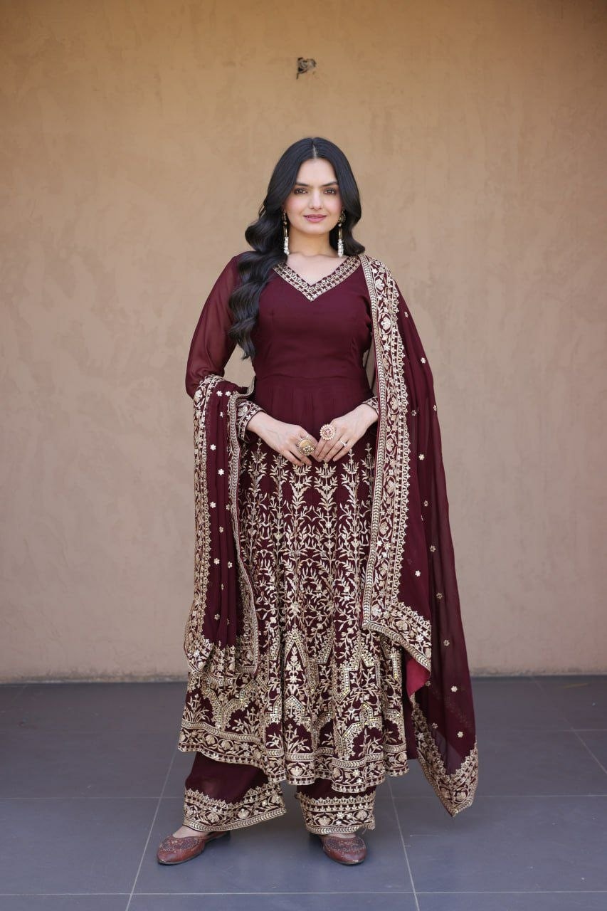 Premium Faux Blooming salwar Suit Set - Wine - view 4